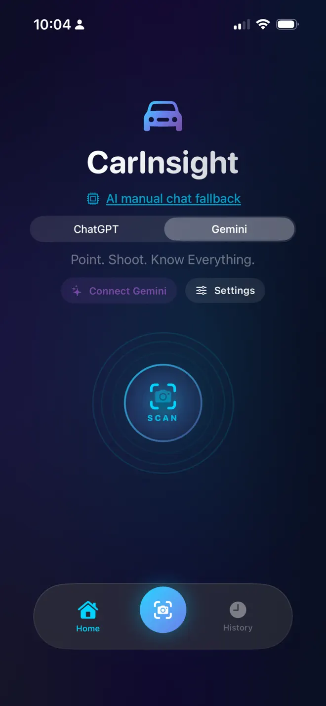 CarInsight home screen with scan button
