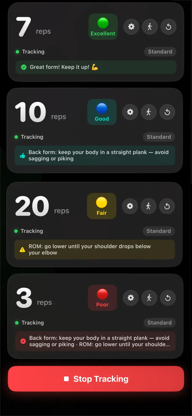 Push-Ups tracker counting reps with form ratings