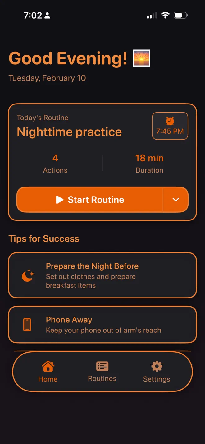 Routine Hub home screen with tonight's routine