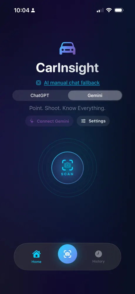 CarInsight screenshot: CarInsight home screen with scan button