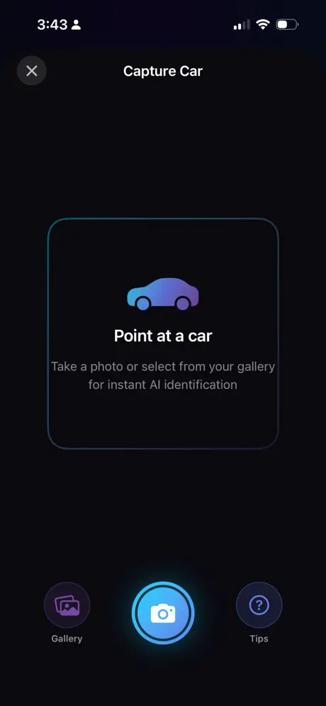 CarInsight screenshot: Capture screen for photographing a car