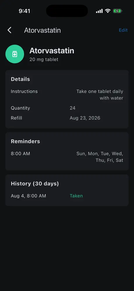 myPill-Pal screenshot: Medication details with reminders and history