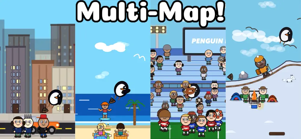 Penguin Poop screenshot: Multiple maps: city, beach, stadium and snow