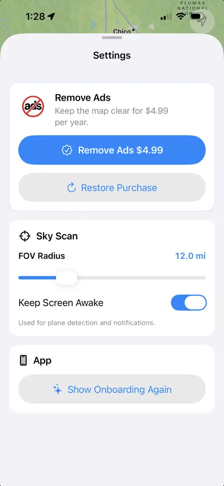 PlaneAboveMe screenshot: Settings with Sky Scan radius