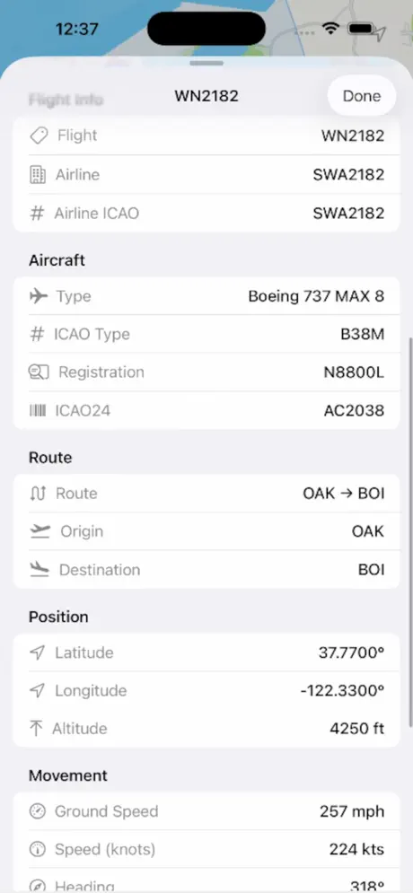 PlaneAboveMe screenshot: Flight details for a Boeing 737 MAX 8