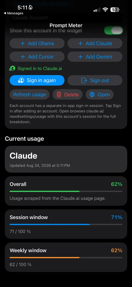 Prompt Meter screenshot: Account screen showing Claude session and weekly usage
