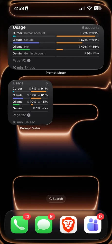Prompt Meter screenshot: Home Screen widgets listing usage for Cursor, Claude, Ollama and Gemini