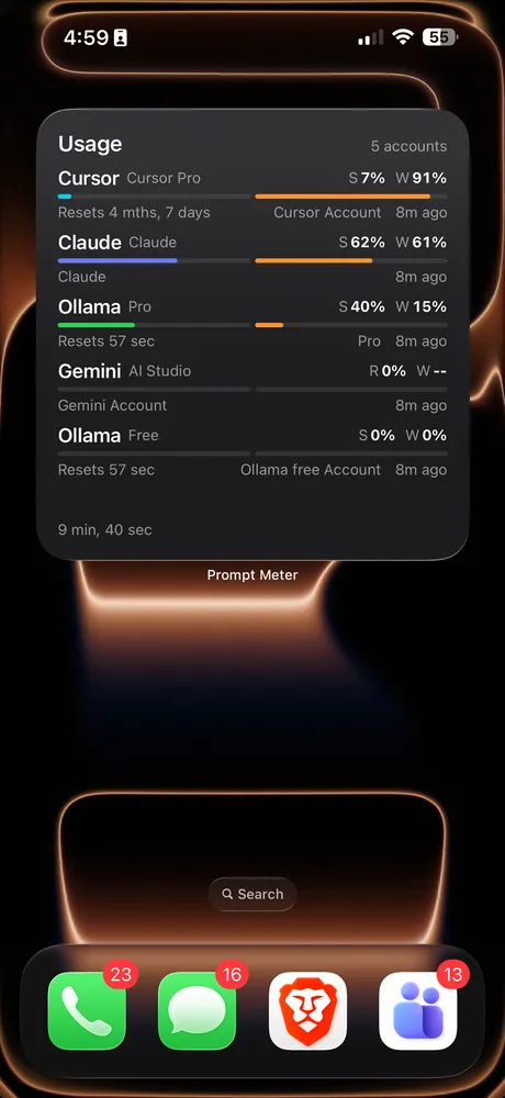 Prompt Meter screenshot: Large Home Screen widget with session, weekly and reset times for five accounts