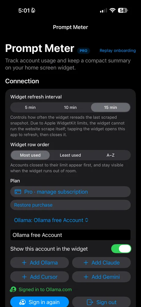 Prompt Meter screenshot: Settings with widget refresh interval, row order and account options