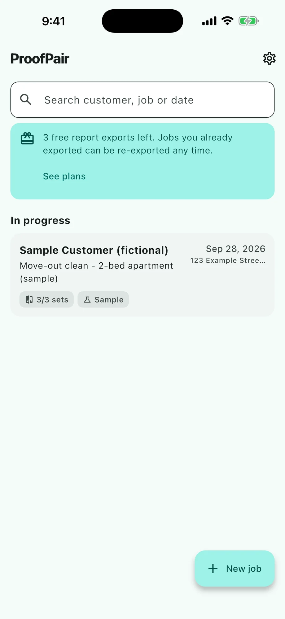 ProofPair screenshot: Jobs list with a job in progress and free report exports remaining