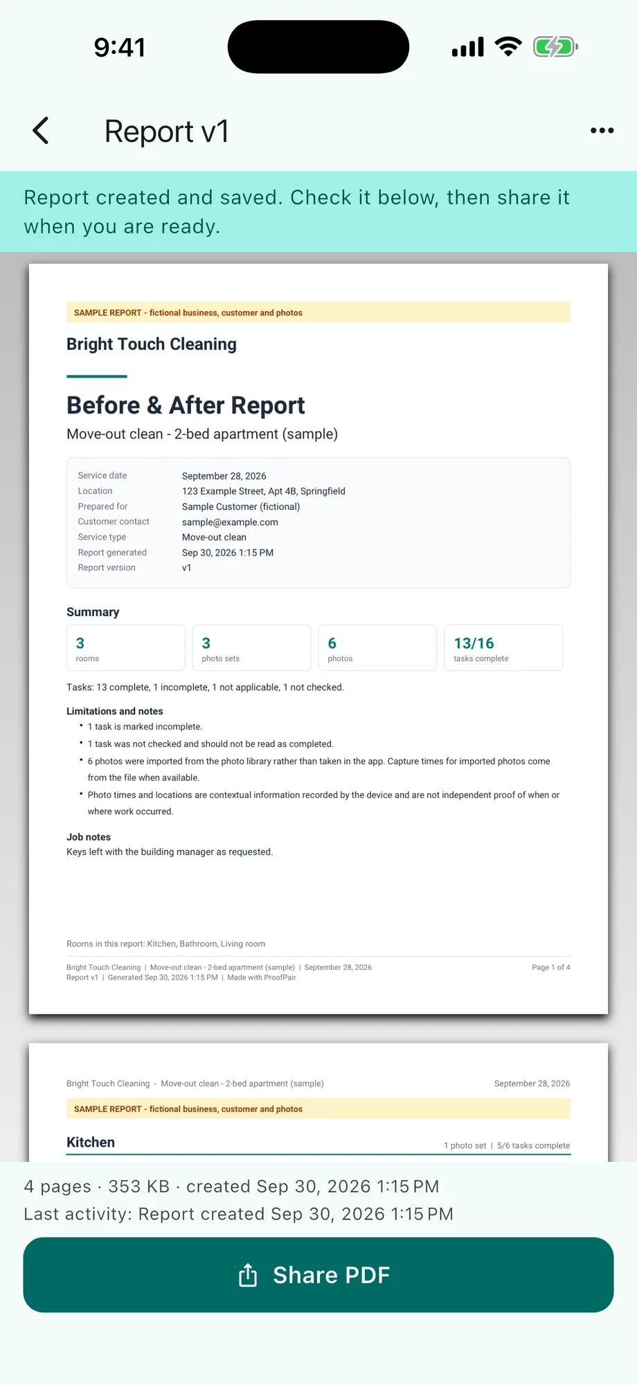 ProofPair screenshot: Before and after PDF report preview with summary and Share PDF button
