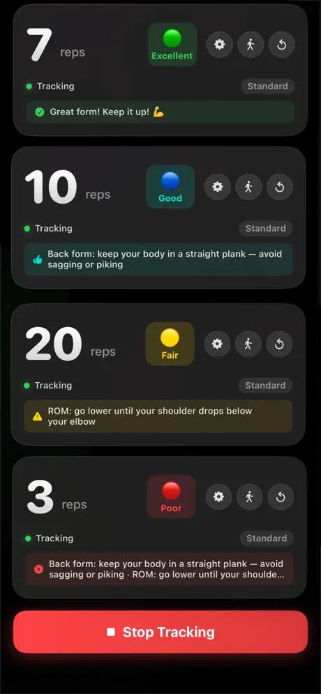 Push-Ups: Form & Rep Tracker screenshot: Rep counts with form ratings and feedback