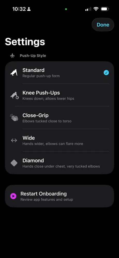 Push-Ups: Form & Rep Tracker screenshot: Push-up style options