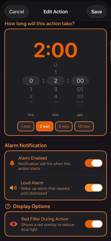 Routine Hub screenshot: Editing an action's timer and alarm settings