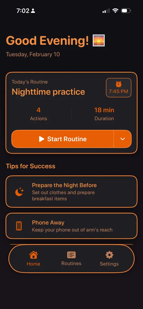 Routine Hub screenshot: Home screen showing today's routine