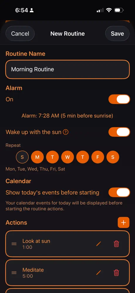 Routine Hub screenshot: Creating a morning routine with a sunrise alarm