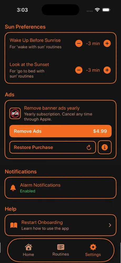 Routine Hub screenshot: Settings for sunrise and sunset offsets