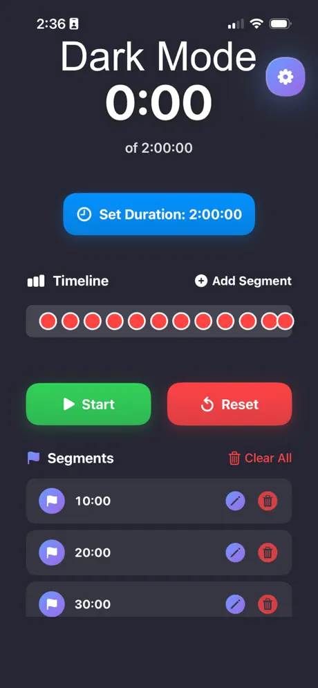 Segmented Timer screenshot: Dark mode timer with segment timeline