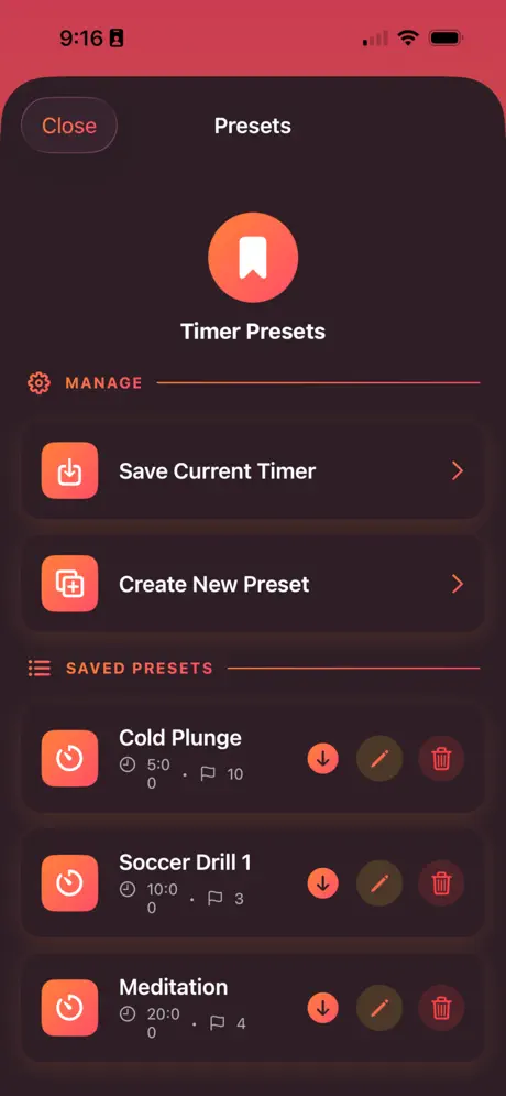 Segmented Timer screenshot: Saved timer presets