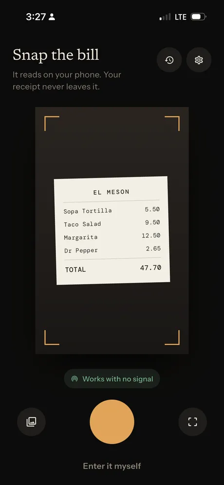SnapNSplit screenshot: Snap the bill camera screen that reads the receipt on your phone