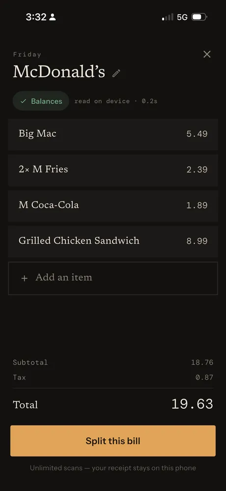 SnapNSplit screenshot: Scanned McDonald's receipt with items, subtotal, tax and total