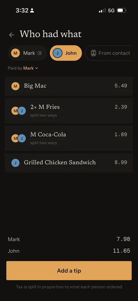 SnapNSplit screenshot: Who had what screen assigning items, with shared items split two ways
