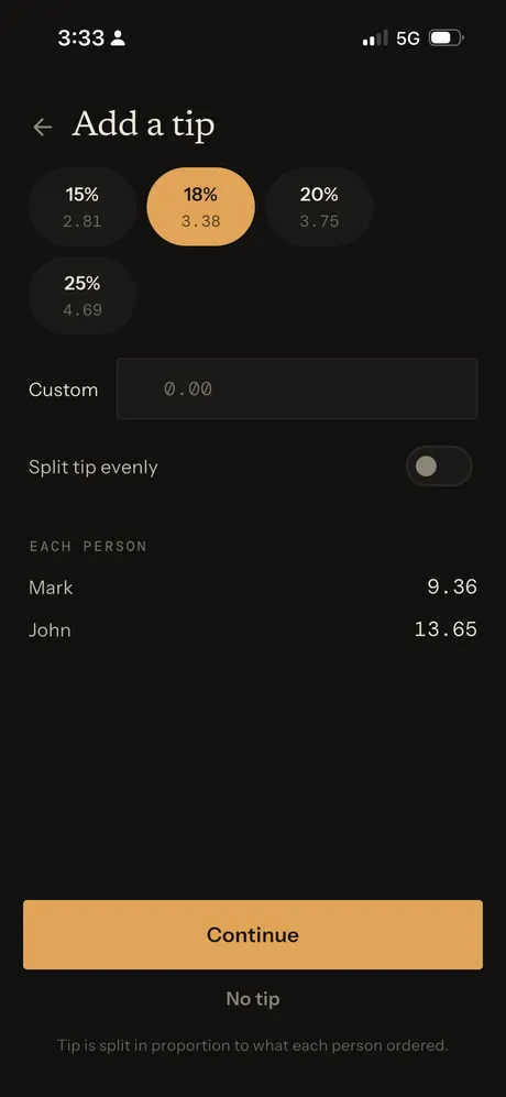 SnapNSplit screenshot: Add a tip screen with 15, 18, 20 and 25 percent options and each person's total