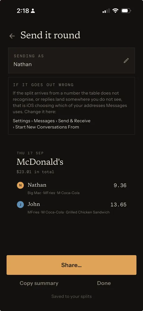 SnapNSplit screenshot: Send it round screen with each person's total ready to share