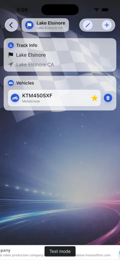 TrackSets screenshot: Vehicles saved for a track