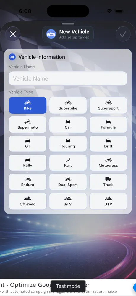 TrackSets screenshot: Choosing a vehicle type