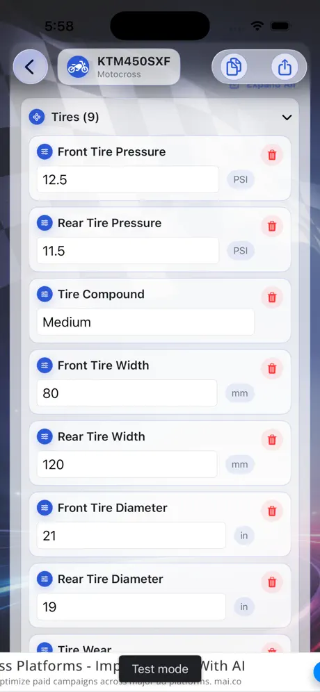 TrackSets screenshot: Tire settings for a motocross bike