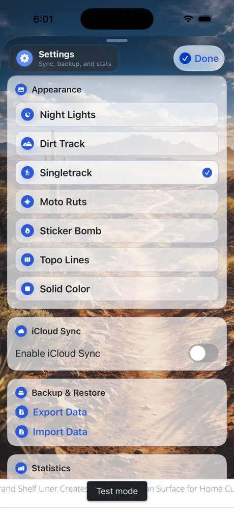 TrackSets screenshot: Settings with iCloud sync and backup