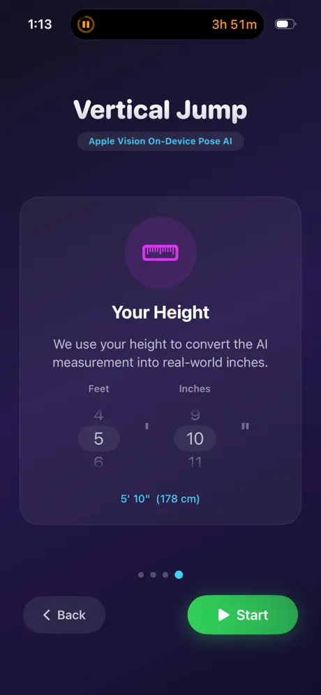 Vertical Indicator screenshot: Height setup screen used to calibrate jump measurement