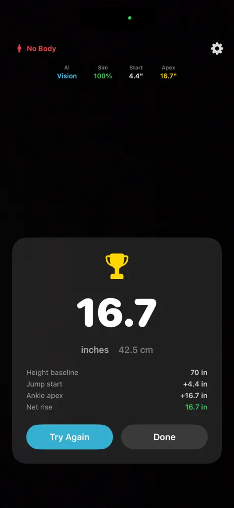 Vertical Indicator screenshot: Jump result showing a 16.7 inch vertical jump