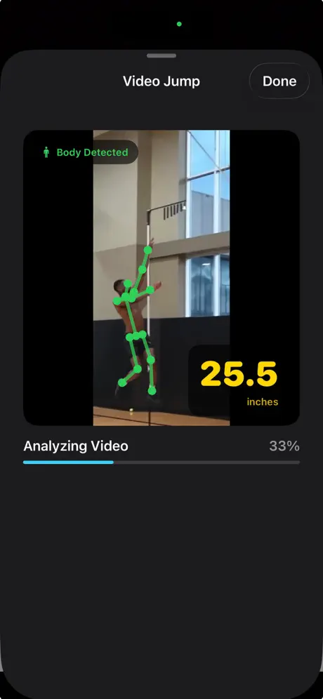 Vertical Indicator screenshot: Video jump analysis with body-pose overlay