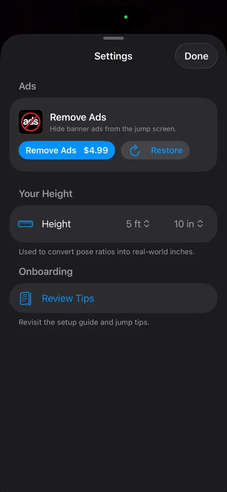 Vertical Indicator screenshot: Settings with height and remove-ads options